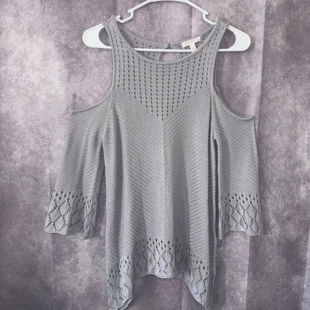 LC Lauren Conrad Women Medium Gray‎ Cold Shoulder Pointelle Boho Knit Sweater